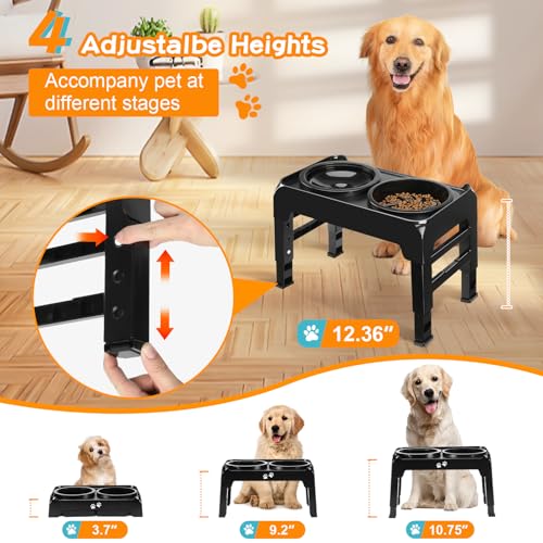 Elevated Dog Bowls 2-in-1 Slow Feeder Dog Food Bowls for Small Medium Dogs 3 Height Adjustable Raised Dog Bowl Stand Non-Slip Dog Feeder Adjusts to 2.75", 6", 7.5", Black