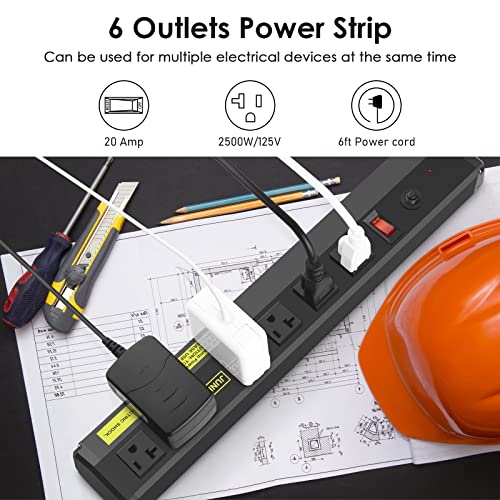JUNNUJ Heavy Duty Metal Power Strip 20 Amp, High Amp Surge Protector 6 Outlet, 20A Power Strips Workshop Industrial Outlets Wide Spaced 6-20R T-Slot with Circuit Breaker, 12 Gauge Extension Cord 6ft