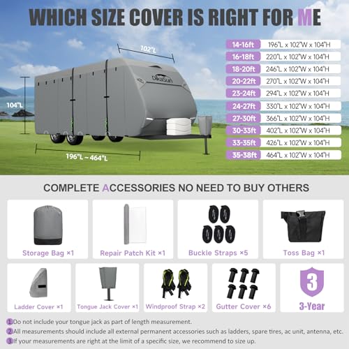 DikaSun RV Cover, Upgraded 7 Layers top Travel Trailer Cover Fits 14'- 16'RV, Waterproof Camper Cover for Toy Hauler with Tongue Jack Cover, Gutter Covers