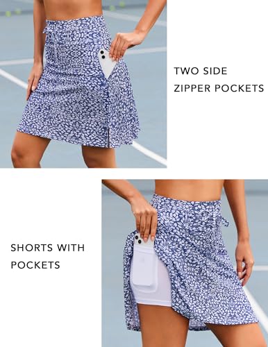 COOrun 20" Golf Skorts Skirts for Women Knee Length High Waist Skort Zipper Pockets Athletic Tennis Skirt Blue Floral M