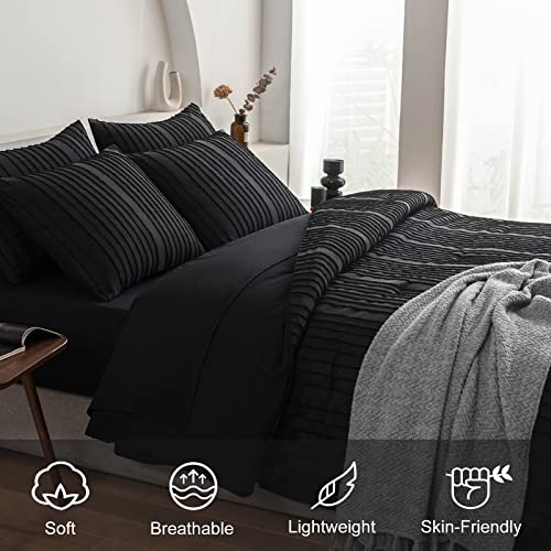 WARMDERN Black Comforter Set Queen Size Soft Bedding Sets Boho Striped Pattern Comforter Set Lightweight Comforter for All Season Down Alternative Comforter Bed in A Bag 7 Piece(Queen, Black)