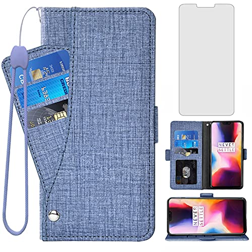 Asuwish Phone Case for OnePlus 6 Wallet Cover with Tempered Glass Screen Protector and Wrist Strap Flip Card Holder Slot Stand Cell OnePlus6 A6000 One Plus6 1 Plus 1plus Six One+ 1+ 6 Women Men Blue