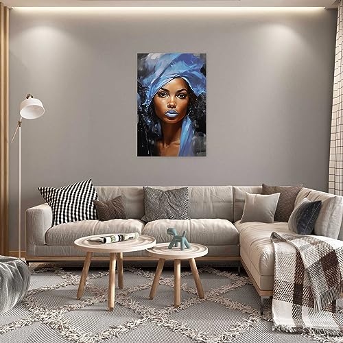 DOARTDO African American Canvas Wall Art Black Women Blue Hair Scarf Pictures Abstract Wall Paintings Black Girl Art Print Framed (12.00" x 18.00", Blue)