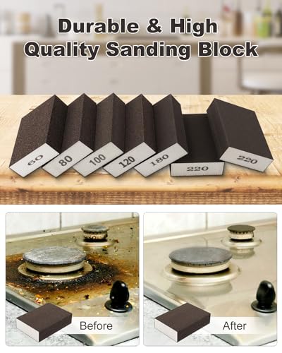 Rocaris 12 Pack Sanding Blocks, Washable and Reusable Sanding Sponge Fine Coarse for Wood and Drywall 60, 80, 100, 120, 180, 220 Grit