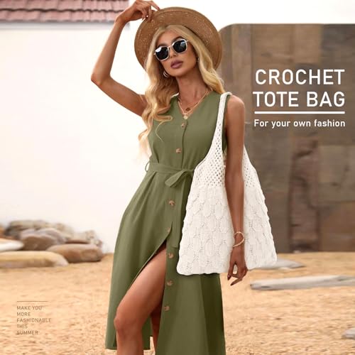 KPX Crochet Tote Beach Bag, Mesh Knitted Bag Large Aesthetic Shoulder Bag Handbags Hollow Hobo Bag for Women Summer (Beige, Style T)