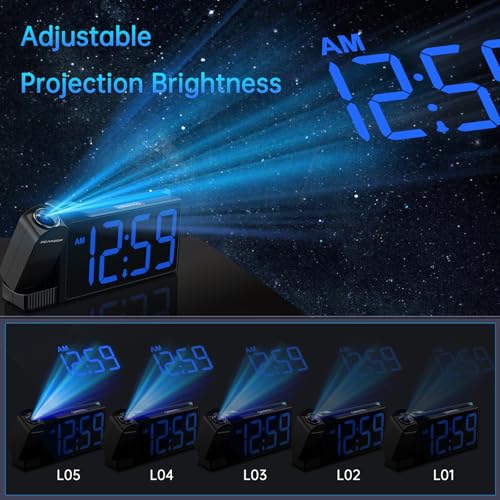 Peakeep Digital Clock, Nightlight Projection Alarm Clock for Bedroom Ceiling, LED Plug in Electric Bedside Clock USB Charger, Battery Backup, Large Numbers Loud Alarm Clock for Heavy Sleepers (Blue)