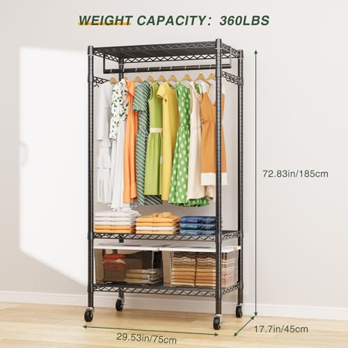 LEHOM G1L 3 Tiers Garment Rack with Storage Shelves, Heavy Duty Rolling Free-Standing Clothing Rack Closet Organizer with Double Rods/Lockable Wheels & 2 Pairs Side Hooks, Max Load 450 LBS, Black