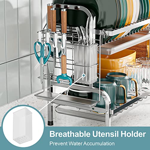 Swedecor Dish Drying Rack - 2 Tier Dish Rack with Drain Spout, Rust Resistant Dish Drainer with Cup Holder and Utensil Holder for Kitchen Countertop Small Saving Space, Black