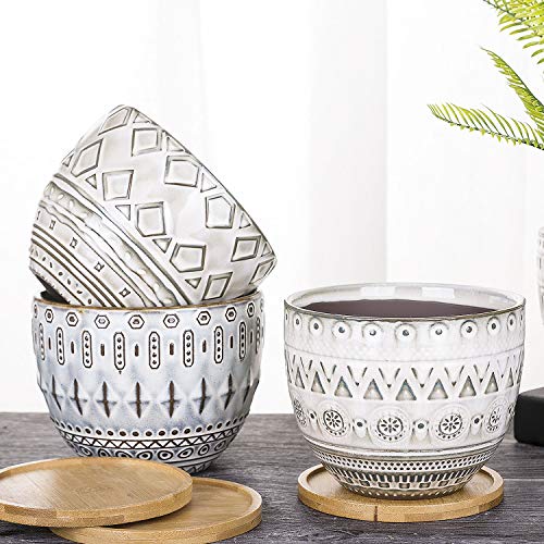 VanEnjoy 5.5 inch Large Round Bohemian Style Ceramic Planter, Geometry Engrave Off White Brown Succulent Planter Flower Pot - Indoor Outdoor Decorative Planter