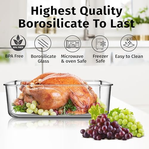 4800 ML / 163 oz / 21 Cup LARGE Glass Food Storage Container with Airtight Locking Lid. Ideal Storing food, Vegetables, Fruits. Baking Casserole, Lasagna, Roasting Turkey, Chicken BPA Free Oven Safe