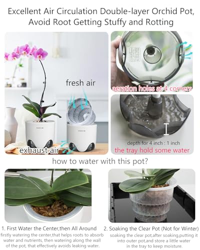 Meshpot 4 inch Orchid Pot with Holes for Repotting, Double Layer Plastic Imitate Ceramic Planter, Clear Orchid Pot Match Decorative Container