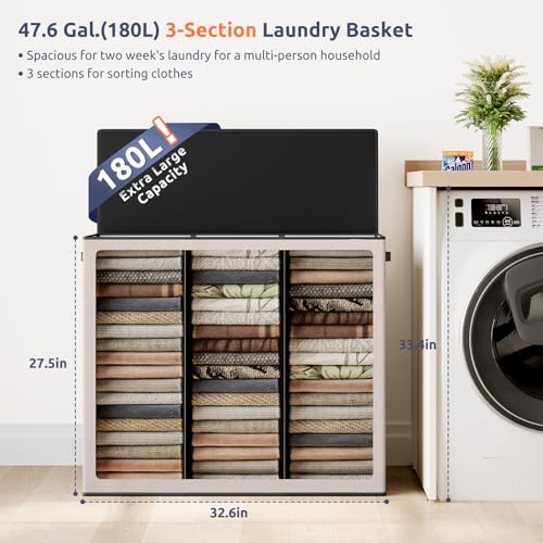 SOLEDI 180L 3-Section Laundry Hamper with Lid, Extra Large Dirty Clothes Basket with Sturdy Handles for Laundry Room & Bedroom - Durable Organizer for Sorting Laundry
