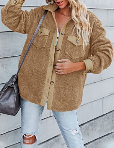ZESICA Womens Winter Casual Sherpa Fleece Jacket Long Sleeve Button Solid Warm Fuzzy Outwear Coat Pockets,Wine,Large