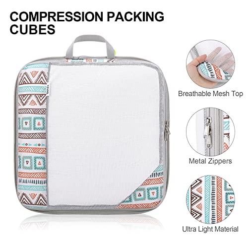 Gonex 6pcs Travel Compression Packing Cubes Set, Extensible Storage Mesh Bags, Water Repellent Polyester Flower Printed Travel Clothes Organizers Luggage Cubes with Laundry Bag (Pink)