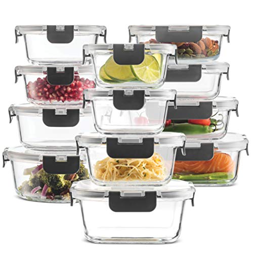 FineDine 24 Piece Glass Storage Containers with Lids - Leak Proof, Dishwasher Safe Glass Food Storage Containers for Meal Prep or Leftovers, Gray