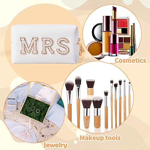 Y1tvei Gold MRS Letter Patch Cosmetic Toiletry Bag Pearl Rhinestone Varsity, PU Leather Bride Makeup Bag Waterproof Portable Zipper Small Clutch Purse Travel Organizer for Women Girls