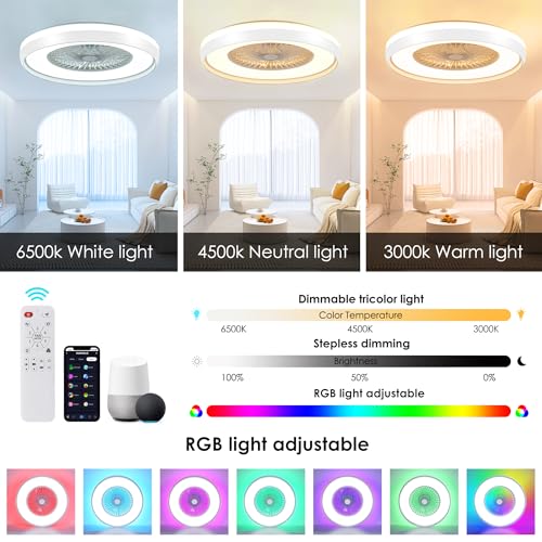 HUMHOLD 24" Low Profile Ceiling Fan with RGB Lights, Bladeless Ceiling Fan with Remote/APP/Voice Control, 6 Speeds Flush Mount Smart Ceiling Fan for Kids Bedroom/Kitchen/Dining Room