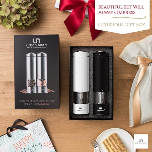 Electric Salt and Pepper Grinder Set - Battery Operated Stainless Steel Mills (1 Black Pepper Grinder + 1 White Salt Grinder) Automatic One Handed Operation Electronic Adjustable Ceramic Grinders