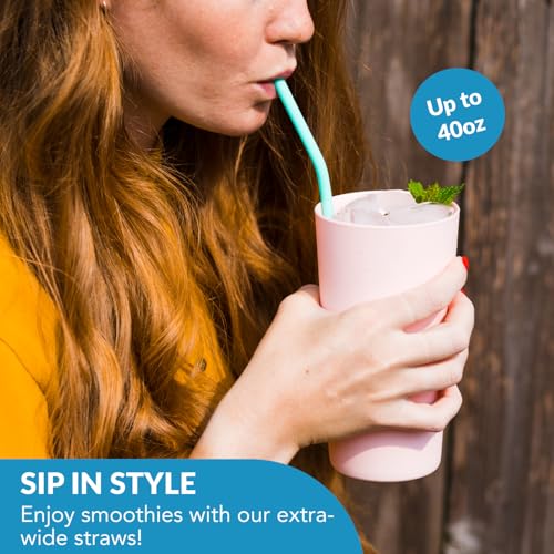 Flathead Products Bent Silicone Straws Reusable and Cleaning Brush - Flexible, Long Bendy Straws for 20 ounce-32 Ounce Tumblers & 30 Ounce Smoothie Cups - Dishwasher Safe & Easy to Clean (Set of 10)