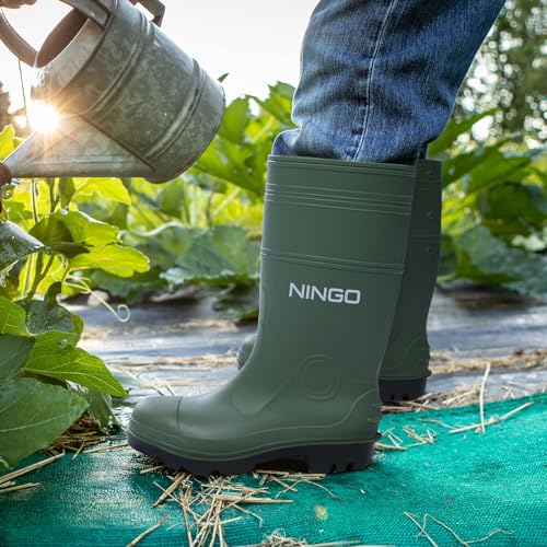 NINGO Men's Steel Toe Rain Boots, Waterproof Rubber Boots, Seamless PVC Rainboots, Puncture and Slip Resistant, Outdoor Fishing Gardening Boots for Men, for Agriculture and Industrial Working