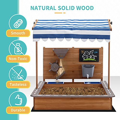 Kids Large Wooden SandBoxes with Roof, Pipleo Outdoor Sand Box Play w/Canopy for Backyard Garden Beach, Sand Pit for Beach Patio Outdoor, [Adjustable Cover & Sand Funnel & Drawing Board] - Brown Oak