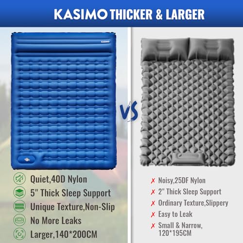 KASIMO Double Sleeping Pad for Camping,5" Ultra-Thick 1.4x2M for 2 Person with Pillow Built-in Foot Pump Inflatable Sleeping Mat for Backpacking, Hiking, Traveling, Tent, Portable Camping Mat