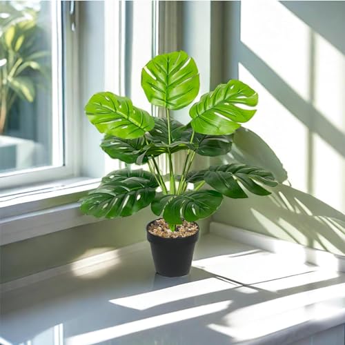 Rozwkeo Artificial Plant in Pot Fake Tree Trunks Leaves Faux Potted for Indoor Outdoor Modern Decoration Home Office Living Room Bedroom Balcony Housewarming Gift (40cm Small Monstera Palm)