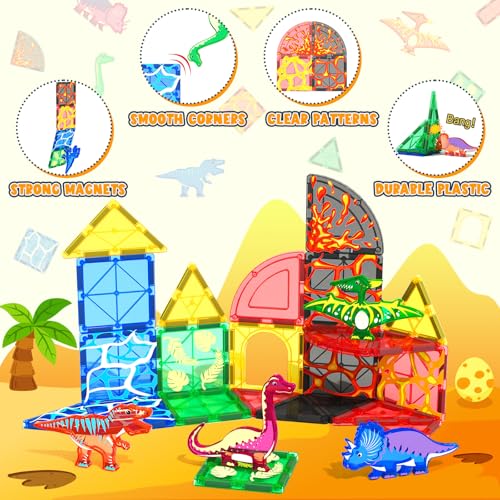 Dinosaur Toys Magnetic Tiles Lava Dinosaur World Set - Kids Games for 3+ Year Old Boys & Girls, Magnetic Blocks for Kids Ages 3-4 5-7 8-13 STEM Preschool Learning Montessori Toddler Toys