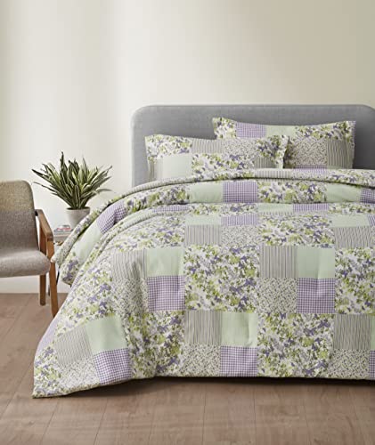 Chezmoi Collection Daisy 2-Piece Printed Patchwork Comforter Set - Purple Butterfly Botanical Candy Stripe Checkered - Microfiber Lightweight Reversible Bedding, Twin Size