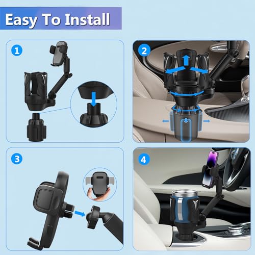 Easkkty Cup Holder Phone Mount with Expandable Holder and Base, Upgraded Universal Cellphone Cradle Car Cupholder (Adjustable) with Long Bracket Fit iPhone All Smartphone (Silver- Phone Holder)