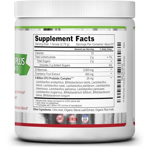 Zazzee D-Mannose Powder Plus, 2000 mg, 67 Servings, Potent & Fast-Acting, Plus 5 Billion CFU Probiotics and Pure Cranberry Juice Extract, Free Scoop, 6.5 Oz, Vegan, Gluten-Free, Non-GMO, All-Natural