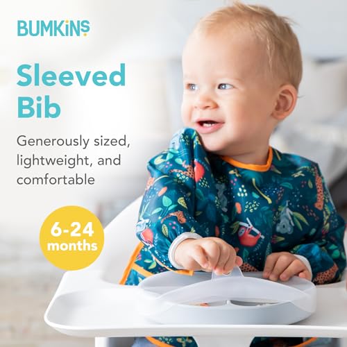 Bumkins Sleeved Bib for Girl or Boy, Baby and Toddler for 6-24 Mos, Essential Must Have for Eating, Feeding, Baby Led Weaning Supplies, Long Sleeve Mess Saving Food Catcher, Soft Fabric, Jungle