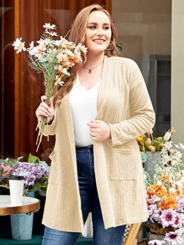 LARACE Open Front Knit Cardigan Sweaters for Women Plus Size Long Sleeve Tops with Pockets Lightweight for Winter(F-WineRed 5X)