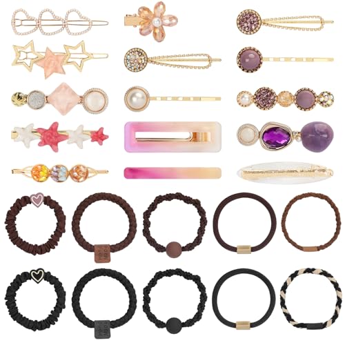 Unaone Hair Accessories Set - Elastic Hair Ties, Hair Clips, Cotton Ponytail Holders and Fashion Barrettes for Girls and Women (Pack of 25)