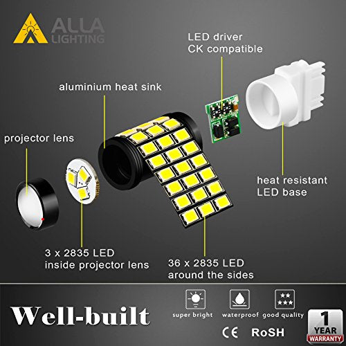 Alla Lighting Newly Upgraded T20 7440 7443 LED Back-up Reverse, Signal, Brake Light, or DRL Bulbs, 6000K Xenon White, Super Bright 2835-SMD 360° for Cars, Trucks