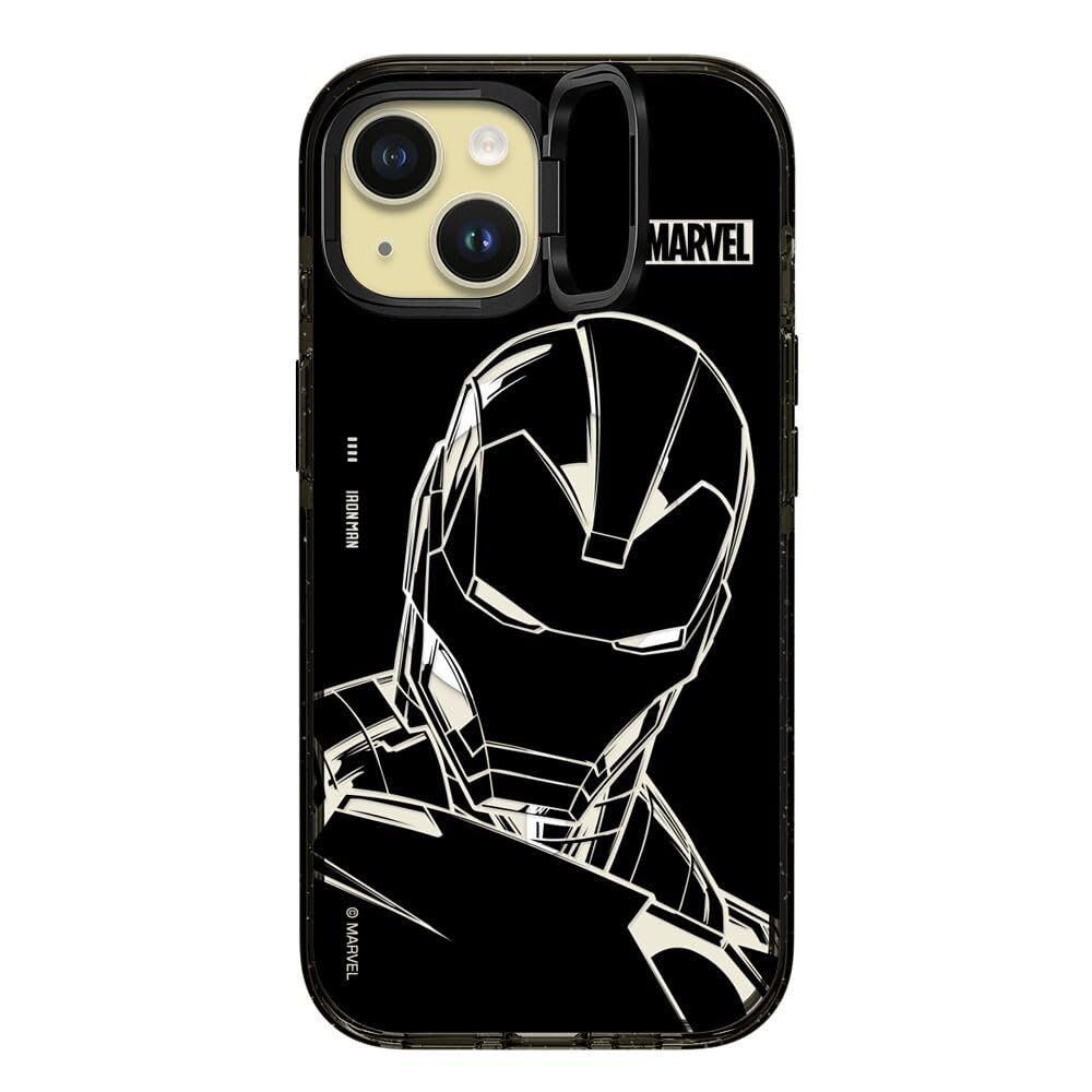 CASETiFY Impact Ring Stand iPhone 15 Case [Iron Man Co-Lab / 3X Military Grade Drop Tested / 6.6ft Drop Protection/Compatible with Magsafe] - Iron Man - Black - Clear Black