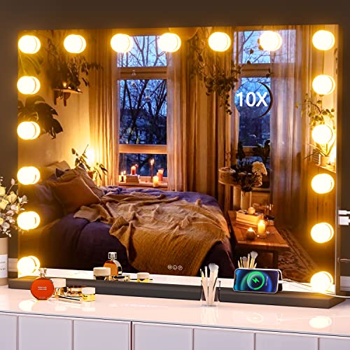 Hasipu Vanity Mirror with Lights, 31.5" x 23.6" Hollywood Mirror, Makeup Mirror with 17 Dimmable Bulbs and 10X Magnification, 3 Colors Modes, Touch Control, USB Charging Port, Type-C