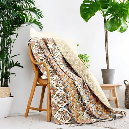 DaDalogy Bohemian Quilted Throw Blanket – Reversible Floral Paisley, Soft for Couch & Bed Throw/Lap Throw– Salmon, Blue, Pink – 50x60 inches