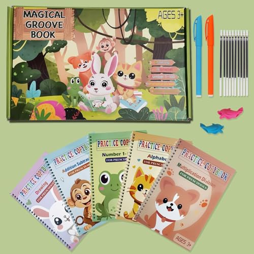 Reusable Grooved Handwriting Workbooks,Magic Copybook,Magic Writing Practice copy books, to help children improve their handwriting ink Practice Age 3-8 Calligraphy for kids(Animal edition)