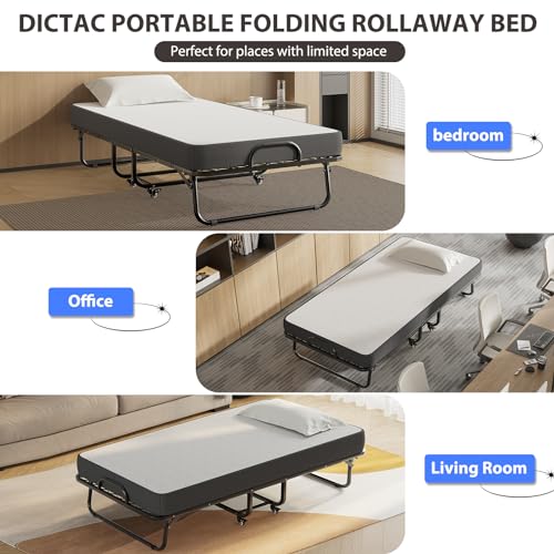 DICTAC Folding Bed with Mattress 75 x 38 Twin Size Bed Frame Portable Foldable Guest Bed for Adults Rollaway Bed with Wheels Fold up Bed for Easy Storage and Move- 5'' Luxurious Memory Foam Mattress