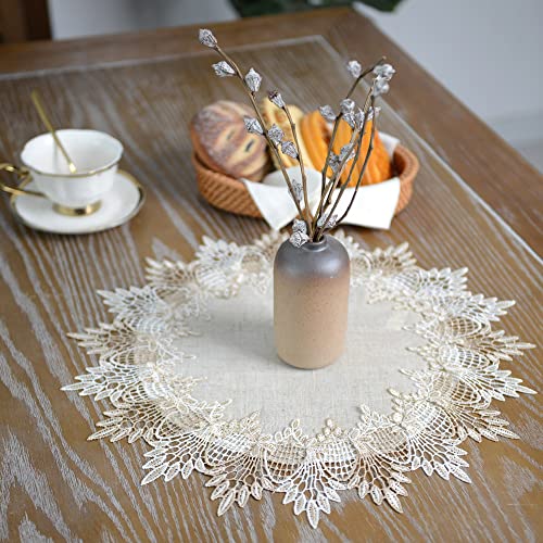 ARTABLE Grey Lace Doily Linen Table Topper Scarf Placemat Round Small Coffee Farmhouse Table Cover Rustic for Kitchen Home Dining (Stone Grey, 15 Inch Round)