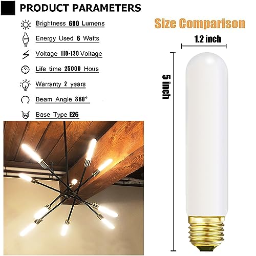 LEOOLS T10 LED Light Bulb 6inch E26 Base Matt Opal Porcelain Warm White 2700K Dimmable Edison 8W Led Tubular Bulb,600LM,60 Watt Equivalent,Outside Frosted Glass,for Cabinet Display Cabinet etc,6 Pcs.