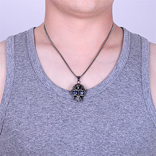 LXSSLY Blue Eye Skull Necklace for Men,Gothic Skull Skeleton Pendant Necklace,Punk Stainless Steel Necklace,Skull Jewelry Gifts for Women Men