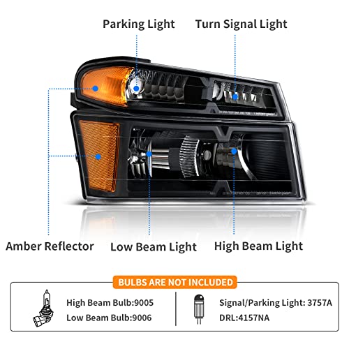 DWVO Headlight Assembly Compatible with 2004-2012 Chevy Colorado 2004-2012 GMC Canyon 06-08 Isuzu i-Series Headlamps with Bumper Lights Black Housing Amber Reflector Clear Lens