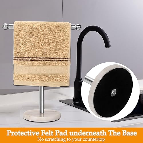 Kalitro Towel Rack with Heavy Marble Base, Free Standing Hand Towel Holder Stand for Bathroom Stainless Steel T-Shape Brushed Nickel