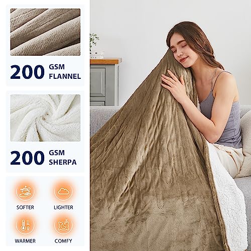 Homemate Electric Heated Blanket Throw - 50"x60" Heating Blanket Throw Size 1/2/4/6/8 Hours Auto-off 10 Heat Level Heat Blanket Over-heat Protection Flannel Sherpa Big Heater Blanket ETL Certification