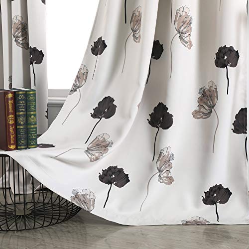 Taisier Home Floral Print Thermal Insulated Bedroom Heat Absorbing Room Darkening Energy Efficient Savings Living Room Window Curtain Grommet Panels, Set of 2, 52 W x 63 L, Black/Grey/Brown