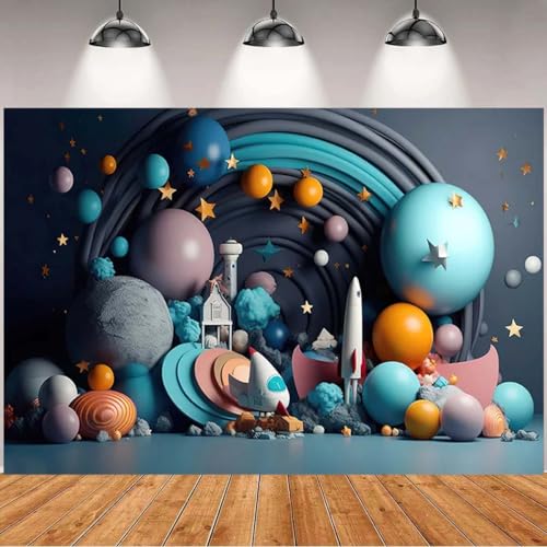 Photography Background Outer Space Universe Galaxy Stars Balloons Birthday Backdrop Universe Planet Star Galaxy Astronaut Rocket Kids Birthday Party Decoration Boy Portrait Background (Blue, 5 * 3FT)