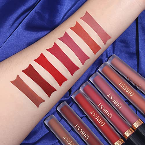 QiBest 7Pcs Matte Liquid Lipstick + 1Pcs Lip Plumper Makeup Set Kit, Pigmented Long Lasting Lip Gloss Set, Velvet Waterproof Lip Makeup Valentine's Day Gift Sets for Girls and Women
