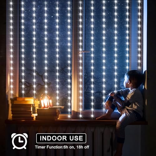 echosari Christmas Curtain Lights Solar Powered 7.9ft x 6ft 144 LED Outdoor Curtain Lights Waterproof with Timer 8 Modes for Christmas Garden Patio Fence Wedding Wall Window Gazebo Decor Cool White
